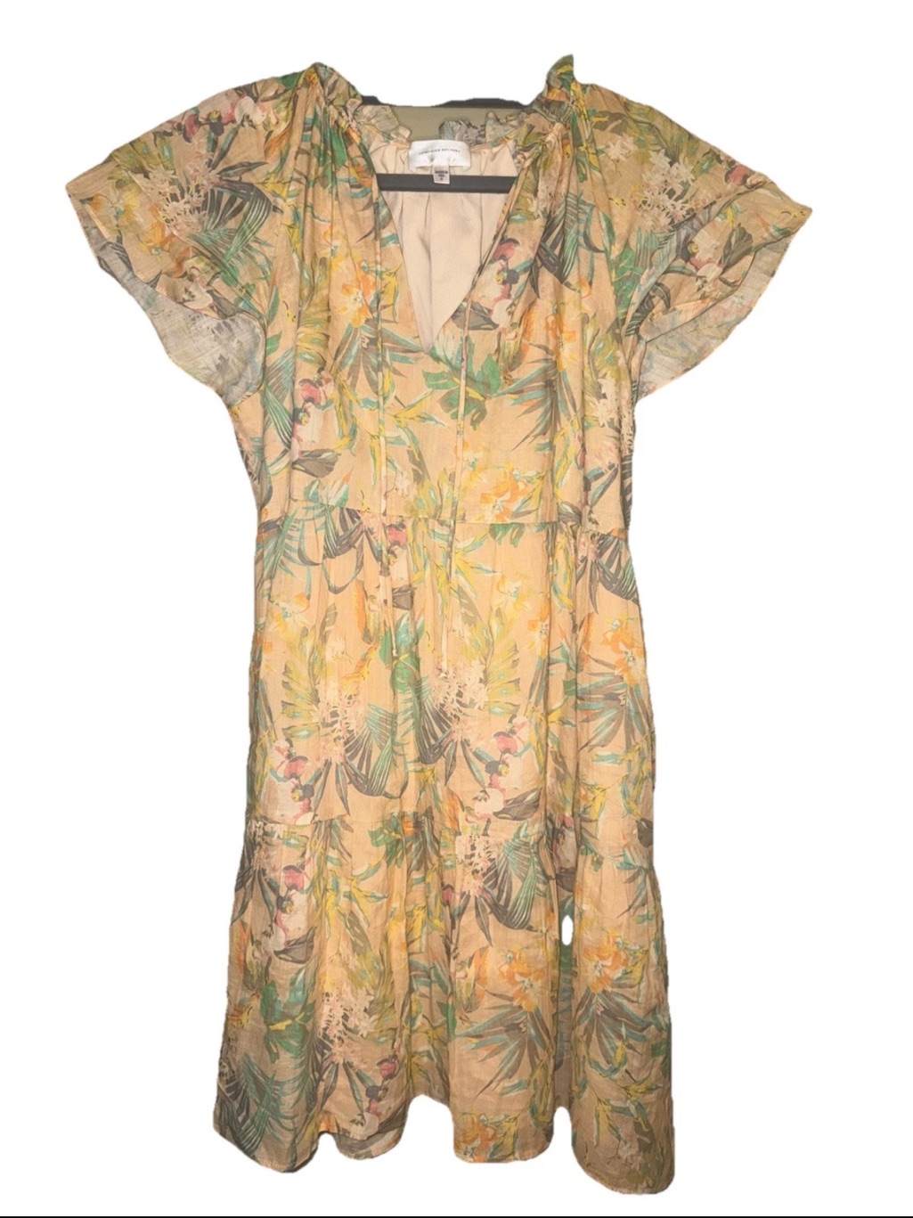 Lavender Brown Tropical Floral Peasant Mini Dress Women’s Medium